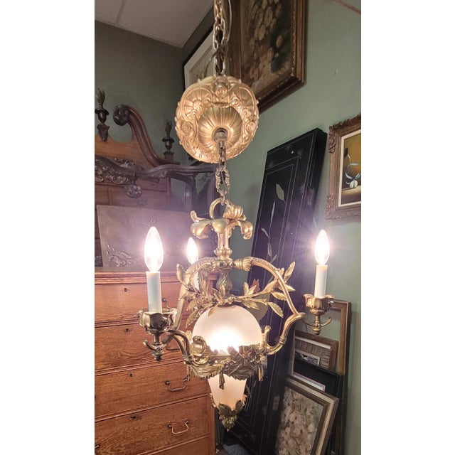 1900 - 1909 Antique French Gilt Bronze & Glass Small Chandelier For Sale - Image 5 of 12