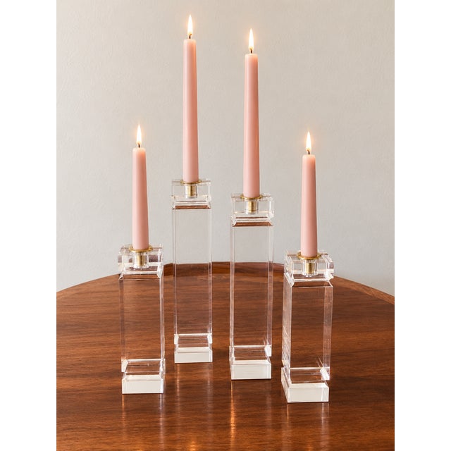 Vintage set of Karl Springer Style Candle Holders made of chunky clear lucite brass candle cups 2 taller & 2 shorter...