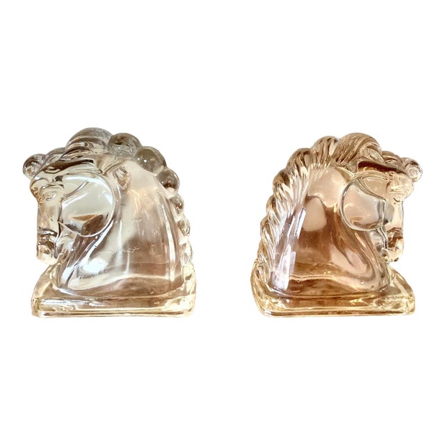 Vintage Clear Glass Horse Head Bookends - Set/2 For Sale