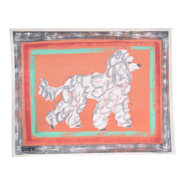 Poodle Dog Portrait Pop Folk Art Minimalism Green Apricot White Original Painting by Cleo Plowden For Sale