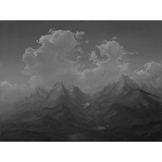 Retreat by Todd Carpenter | Oil on board Black and white mountain landscape with clouds. For Sale