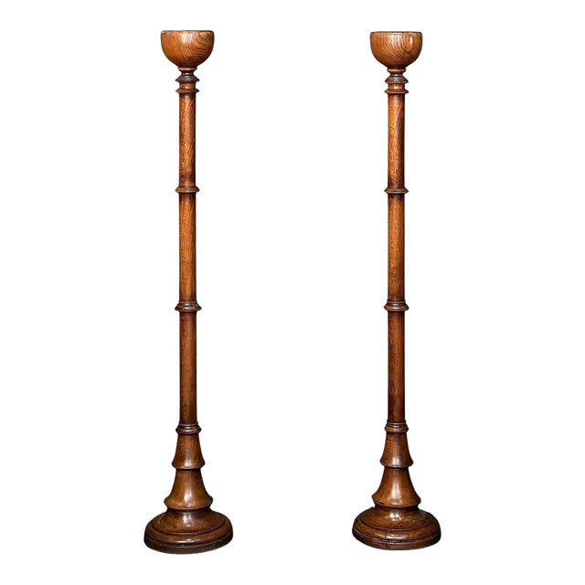 Pair of Tall Altar Candlestick Holders of Turned Oak - Arts and Crafts Era For Sale
