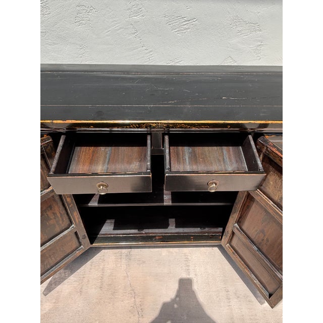 Mid 20th Century Vintage Chinese Black Lacquer Chinoiserie Sideboard W/ Hand-Painted Gilt Decoration For Sale - Image 5 of 15