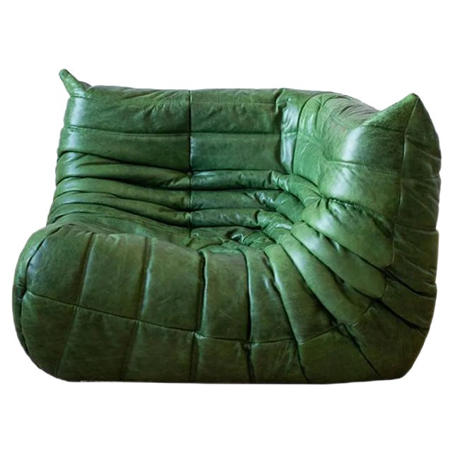 Dubai Green Leather Togo Corner Chair by Michel Ducaroy for Ligne Roset For Sale