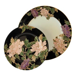 1970s Japan Fitz and Floyd Cloisonné Peony Flowers Porcelain Plates Service for 8 - Set of 16 For Sale