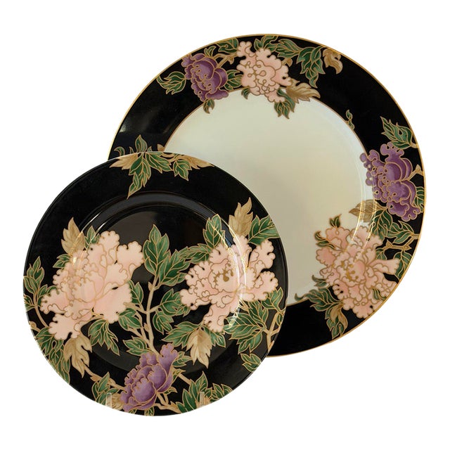1970s Japan Fitz and Floyd Cloisonné Peony Flowers Porcelain Plates Service for 8 - Set of 16 For Sale