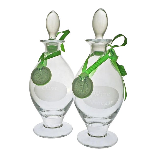 William Yeoward Oil Vinegar Carafe Set Large Hand Blown Glass Bottles English Irish Style - A Pair For Sale