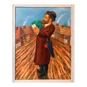 Maurice KishWhimsical Judaica Shtetl Shadchan Matchmaker Oil Painting WPA Jewish Folk Artist, 20th.c