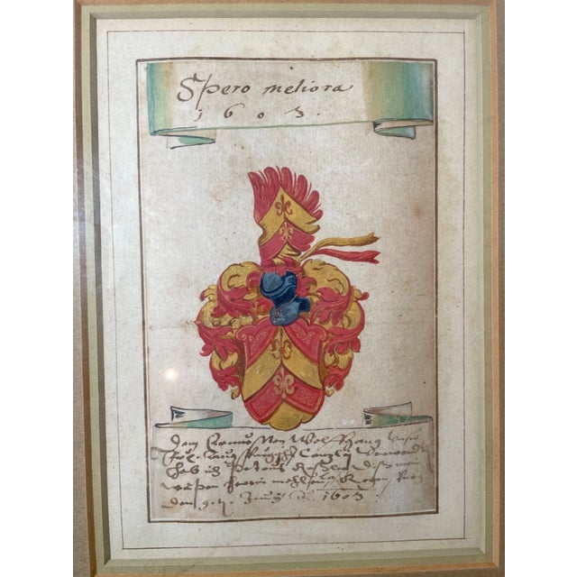 Figurative Share Antique Original 1603 Latin Armorial Coat of Arms Heraldic Painting Manuscript For Sale - Image 3 of 12