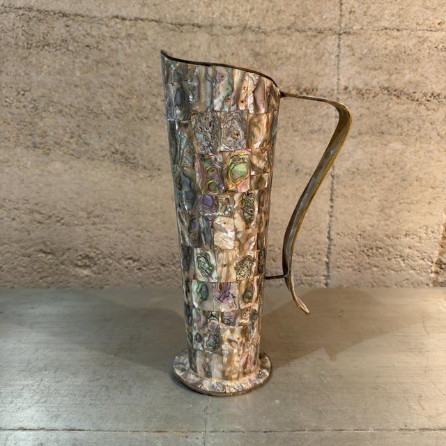 Los Castillo Vintage Mexican Brass and Inlaid Abalone Shell Pitcher Mexico For Sale - Image 4 of 13