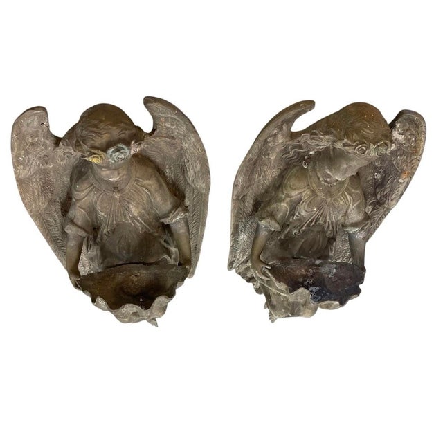 1990s Pair of Vintage Continental Classical Bronze Winged Angel Wall Pockets / Clamshell Holy Water Fonts For Sale - Image 5 of 11