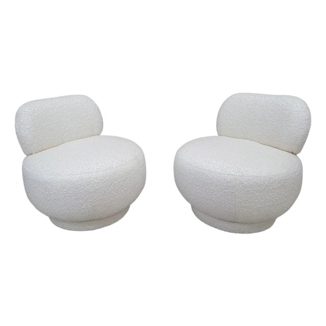 Postmodern Swivel Pouf Lounge Chair Reupholstered in Boucle - Pair For Sale