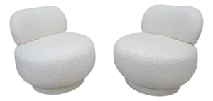 Postmodern Swivel Pouf Lounge Chair Reupholstered in Boucle - Pair
