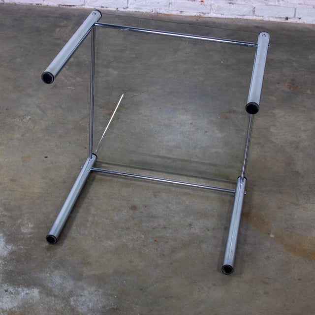 Chrome 1970’s Modern Square End or Side Table by James David Cylindrical Chrome Tube Frame & Glass Top For Sale - Image 8 of 18
