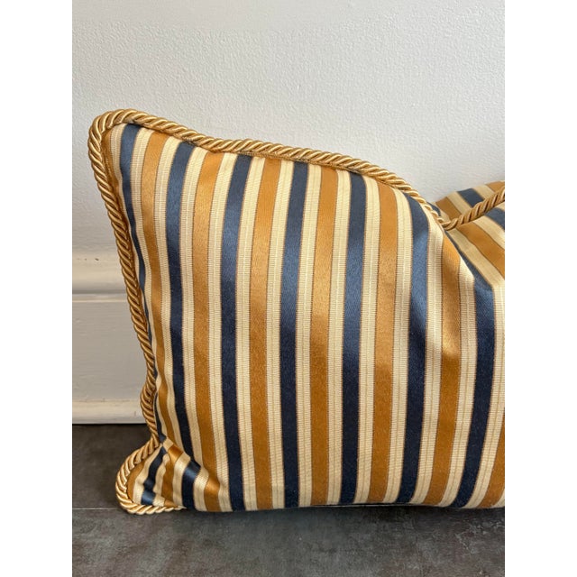 Schumacher Striped Blue and Gold Down-Filled Lumbar Pillow With Cord Edge For Sale - Image 4 of 8