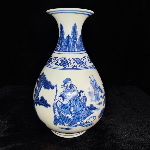 Art Deco Vintage Blue and White Porcelain Yuhuchun Vase With Figural Scene For Sale - Image 3 of 8