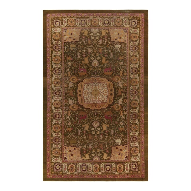 Antique Amritsar Rug in Greenish-Brown, Pink & Gold Medallion With Pictorials For Sale