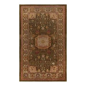 Antique Amritsar Rug in Greenish-Brown, Pink & Gold Medallion With Pictorials