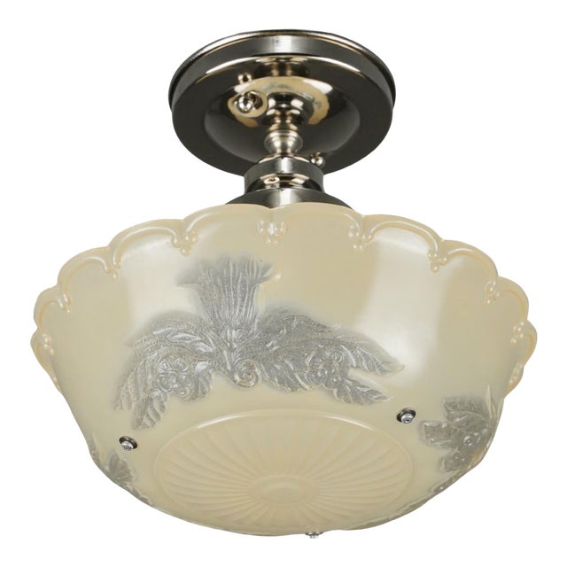 Mid 20th Century Traditional Floral Cast Glass Semi Flush Mount Light For Sale