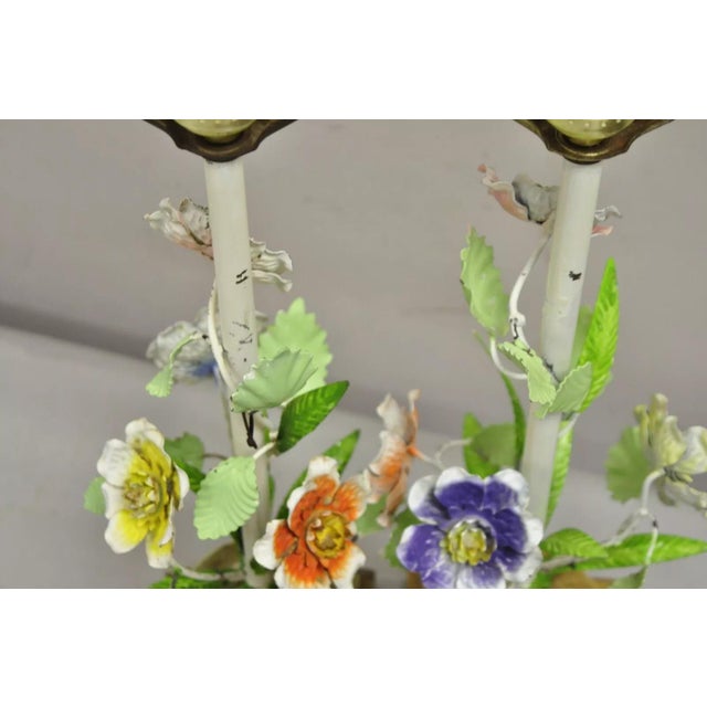 Vintage Italian Hollywood Regecy Painted Flower Iron Toleware Boudoir Lamps Pair For Sale - Image 9 of 12