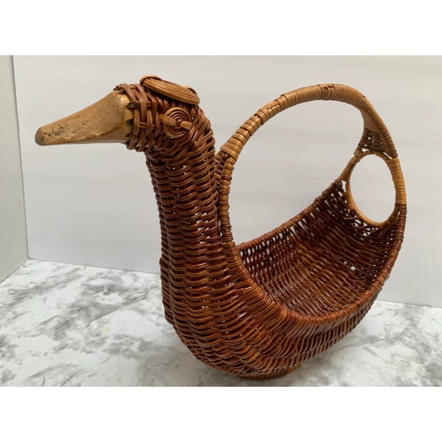 Chocolate Midcentury Asian Wood Wicker Duck Basket For Sale - Image 8 of 9