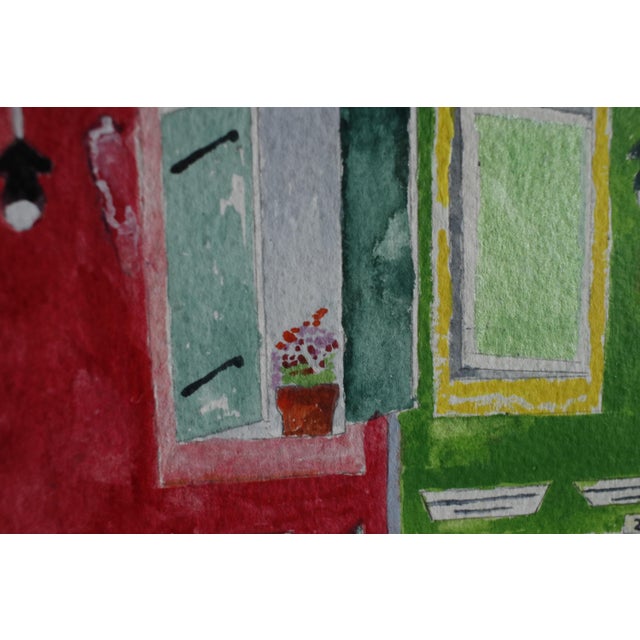 Mid-Century Style Signed Framed Expressionist Watercolor - Burano Canal Houses For Sale - Image 12 of 16