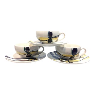 Blue Ridge China Modernist Ribbon Dinnerware - Teacup + Saucer - Set of 3 For Sale