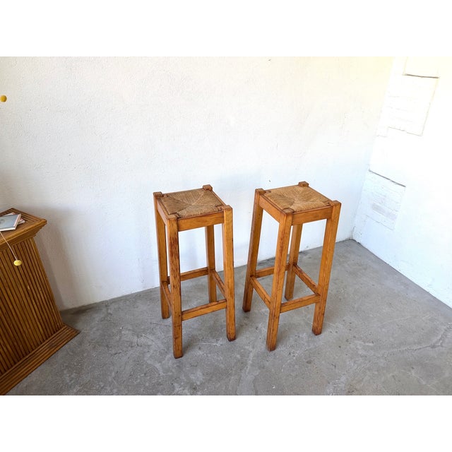 Brown Brutalist High Stool in Wood and Woven Straw, 1960s For Sale - Image 8 of 15