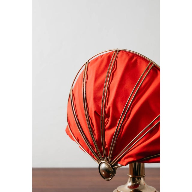 A splendid and rare pair of original 1970s table lamps (lampshades), featuring the iconic sculptural fan-shaped (or shell-...
