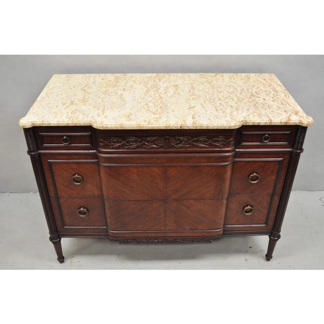 Antique French Louis XVI Maison Jansen Style Mahogany Marble Top Dresser Commode For Sale - Image 4 of 16