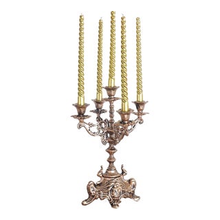 Ornate Gold Cast Iron Candelabra – 12.8" Five-Arm Candle Holder For Sale