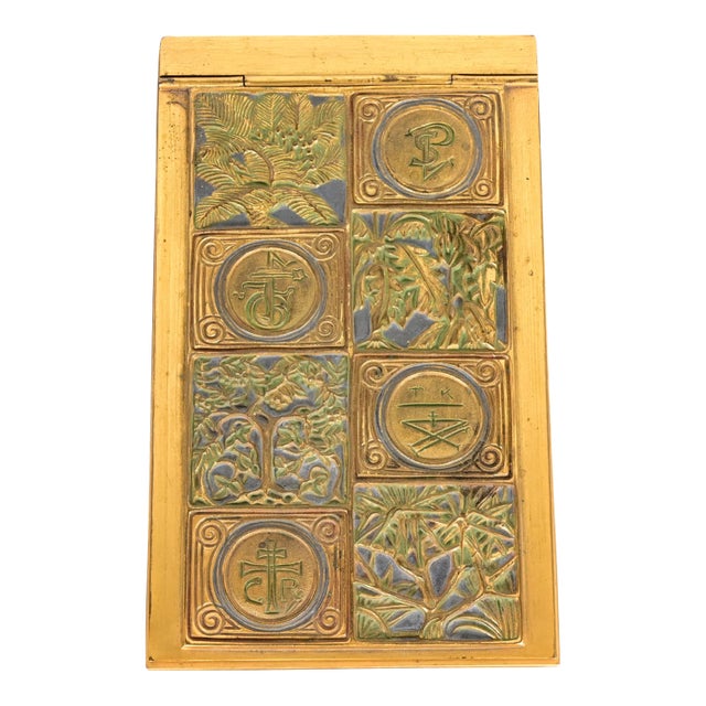 Tiffany Studios New York Bookmark Pattern Bronze Doré and Enamel Notepad Holder For Sale