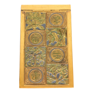 Tiffany Studios New York Bookmark Pattern Bronze Doré and Enamel Notepad Holder