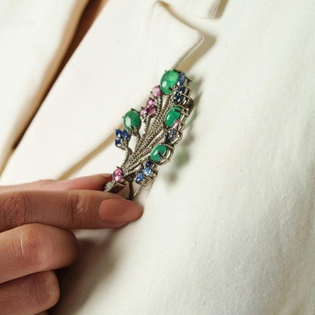 Gemstone Opulent Floral Bouquet Brooch Pendant With Emerald, Sapphire & Tourmaline For Sale - Image 7 of 14