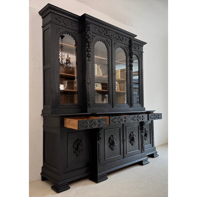 Large Antique Ebonised Oak Bookcase, 1890s For Sale - Image 10 of 18