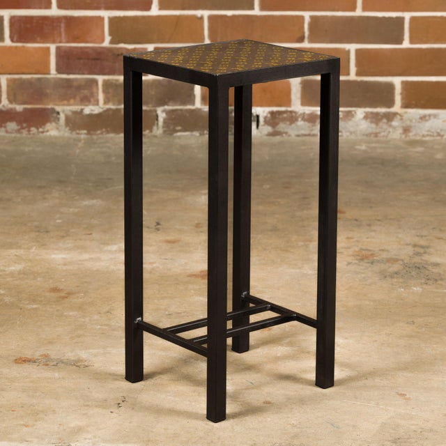 Louis Vuitton Leather Top Small Side Table with Custom Metal Base and Stretchers For Sale In Atlanta - Image 6 of 12