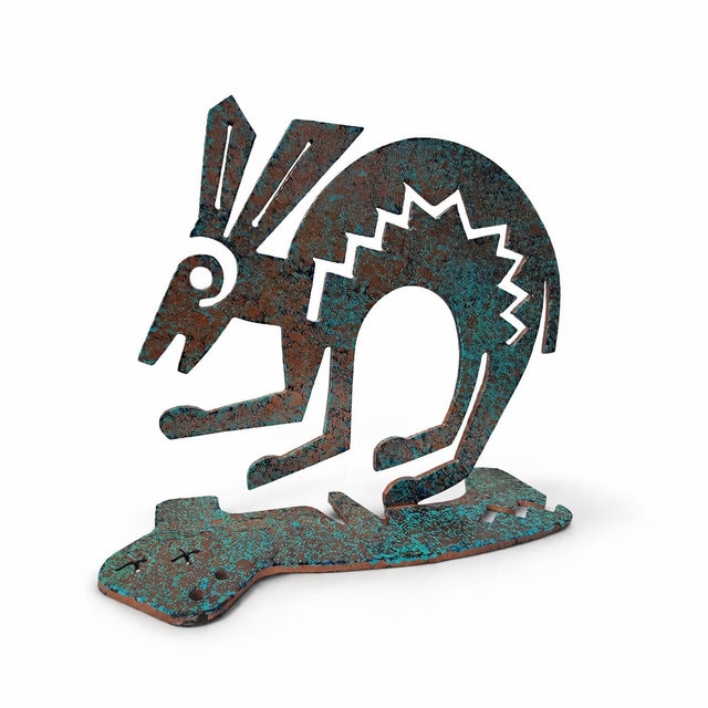 Turquoise Late 20th Century Southwestern Kokopelli Style Metal Sculpture – Hand-Painted Patina Tabletop Art For Sale - Image 8 of 9