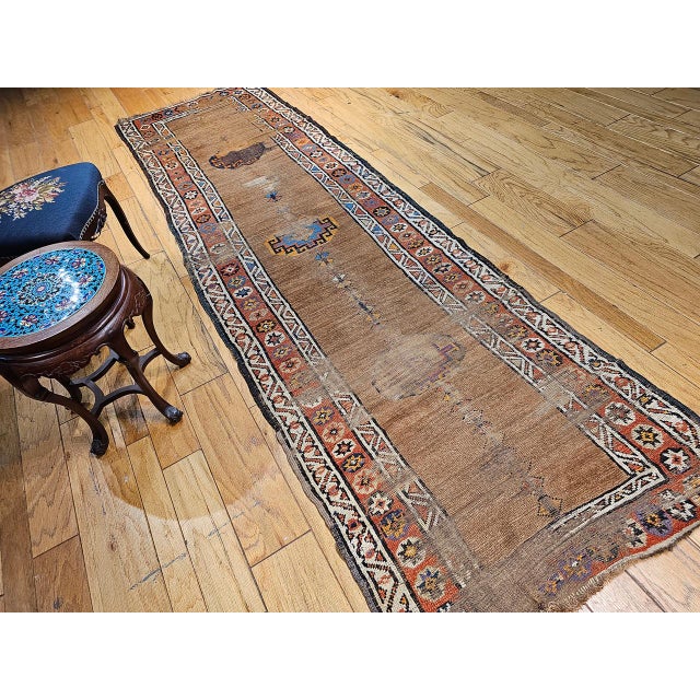 Textile Antique 19th C. Persian Kurdish Camelhair Runner Rug, Hand-Knotted Geometric Pattern, 4x12, Camelhair & Ivory For Sale - Image 7 of 15