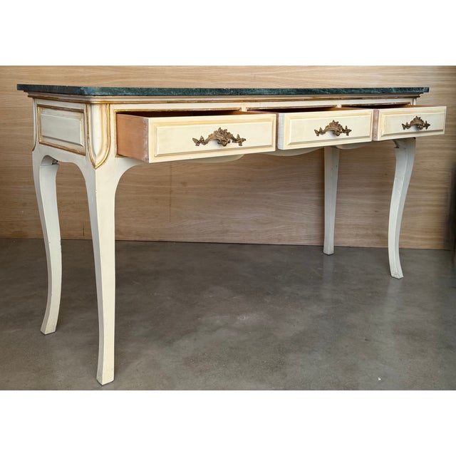 20th Century French White Painted Table Console With Green Marble Top For Sale - Image 10 of 16