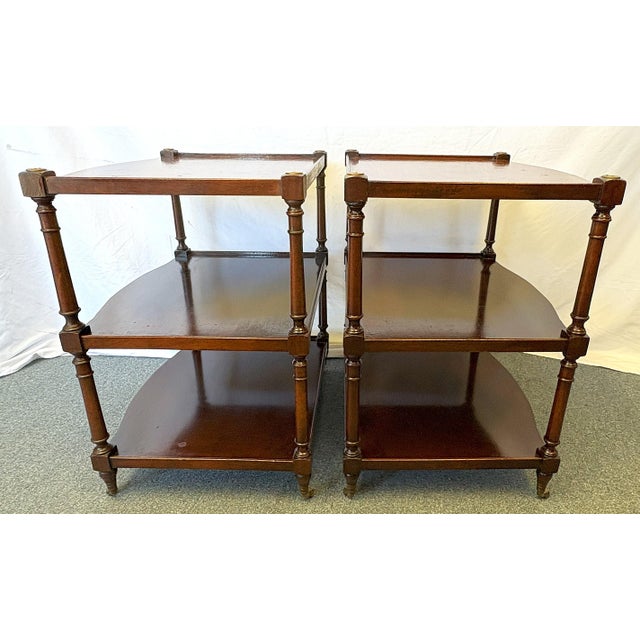 Vintage Regency Style Wood Three Tiered Library Side Tables on Casters- A Pair For Sale - Image 4 of 18