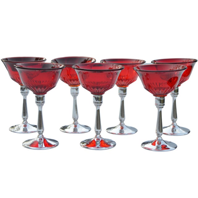 Metal Vintage Red Glass & Silver Stemmed Goblets - Set of 7 For Sale - Image 7 of 7
