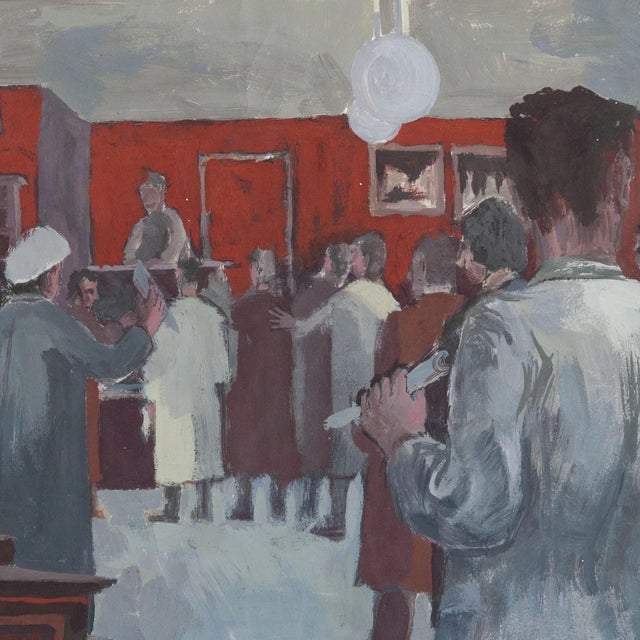 Art and Antiques Auction Scene, Gouache Painting, 1960s, in Good conditions. Designed 1960 to 1969