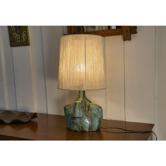 Teal Vintage Brutalist Ceramic Lamp with Linen Shade, 1950s For Sale - Image 8 of 8