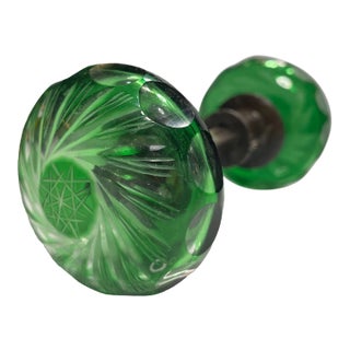 Antique/Vintage Bohemian Czech Green Cut Glass Swirl Starburst Door Knobs With Hardware Art Deco For Sale