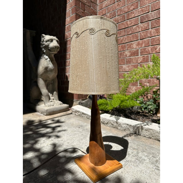 1950s Vintage Mid-Century Teak Sculptural Table Lamp With Textured Cylinder Shade For Sale - Image 5 of 8