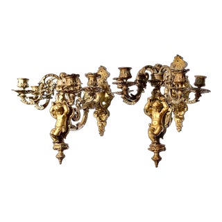 Antique French Gilded Bronze Putti Sconces for Candles - a Pair For Sale