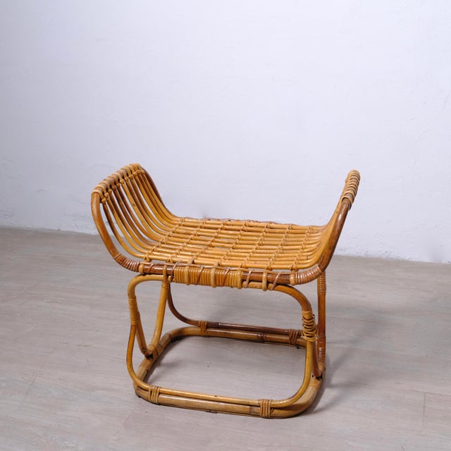 Tan Vintage Italian Bamboo and Wicker Ottoman, 1950s For Sale - Image 8 of 13