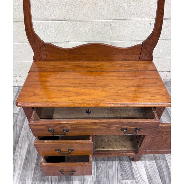 Victorian Antique Victorian Oak Washstand With Storage and Towel Rack For Sale - Image 3 of 9