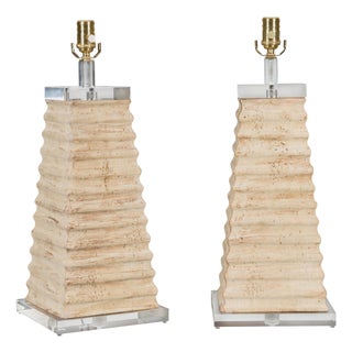 Pair of Italian Midcentury Pyramidal Shaped Fragment Table Lamps with Lucite For Sale
