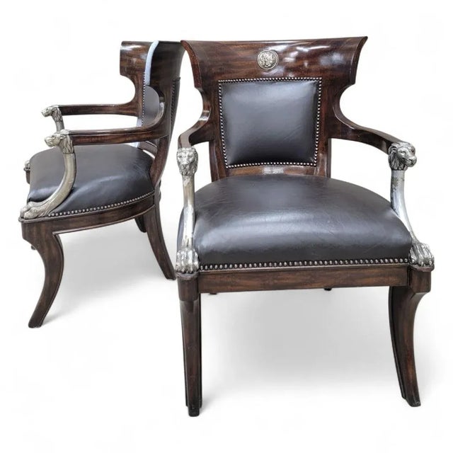 Wood Vintage George IV English Regency Style Black Leather Chairs With Metal Lion Head Arms - Pair For Sale - Image 7 of 11